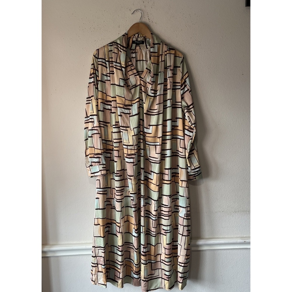 Beulah  Multicolor Abstract Pleated Maxi Long Kaftan Dress  One Size